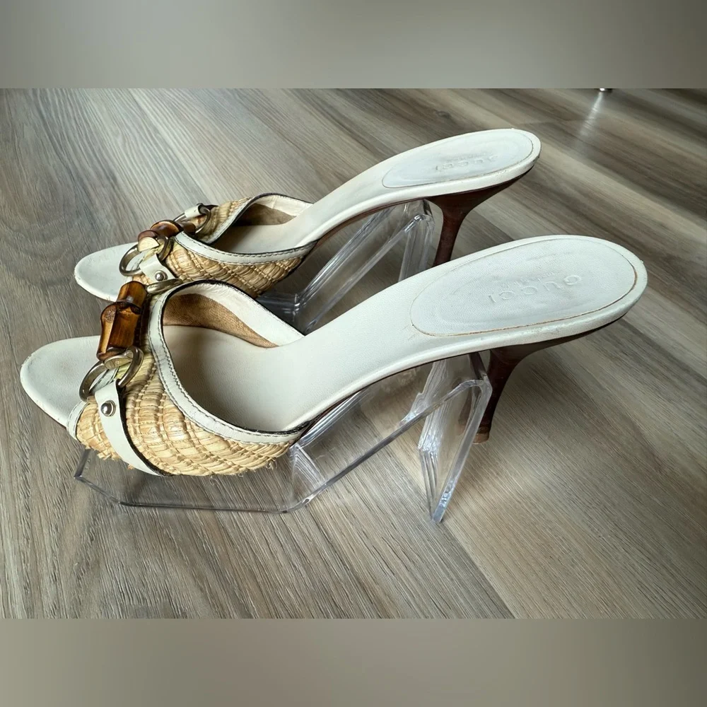 GUCCI Tan/Cream + Rafia Women's Mules in great condition - Picture 3 of 9